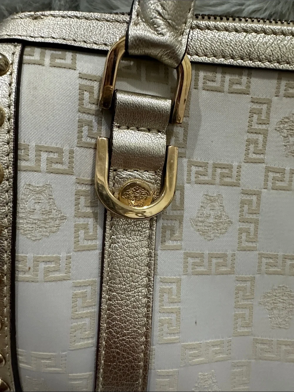 VERSACE Gold and Cream Logo Medusa & Greek key chain Satchel Handbag w/ lock-key